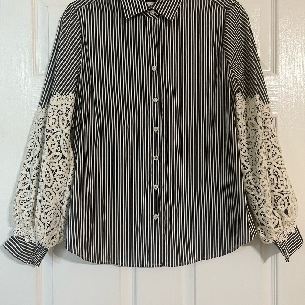Chico's Black and White Striped Button Down with Lace Sleeves